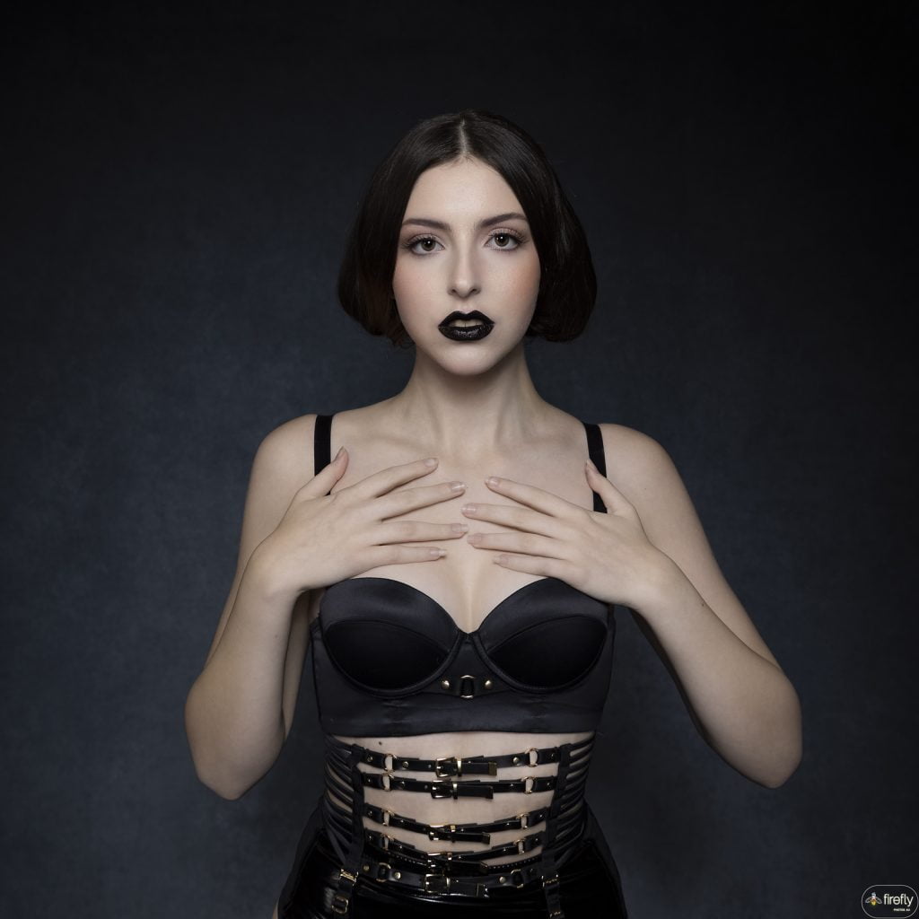 goth fetish glowing editorial creative photoshoot hair and makeup